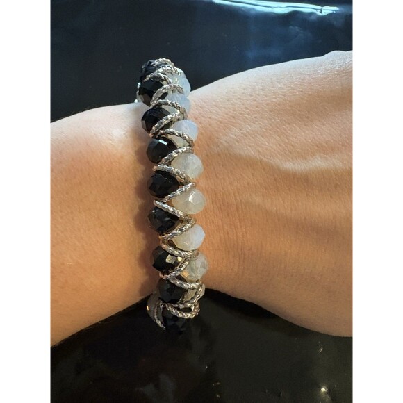 Vintage Clear Black Crystal Expansion Bracelet Mid Century - Picture 1 of 4